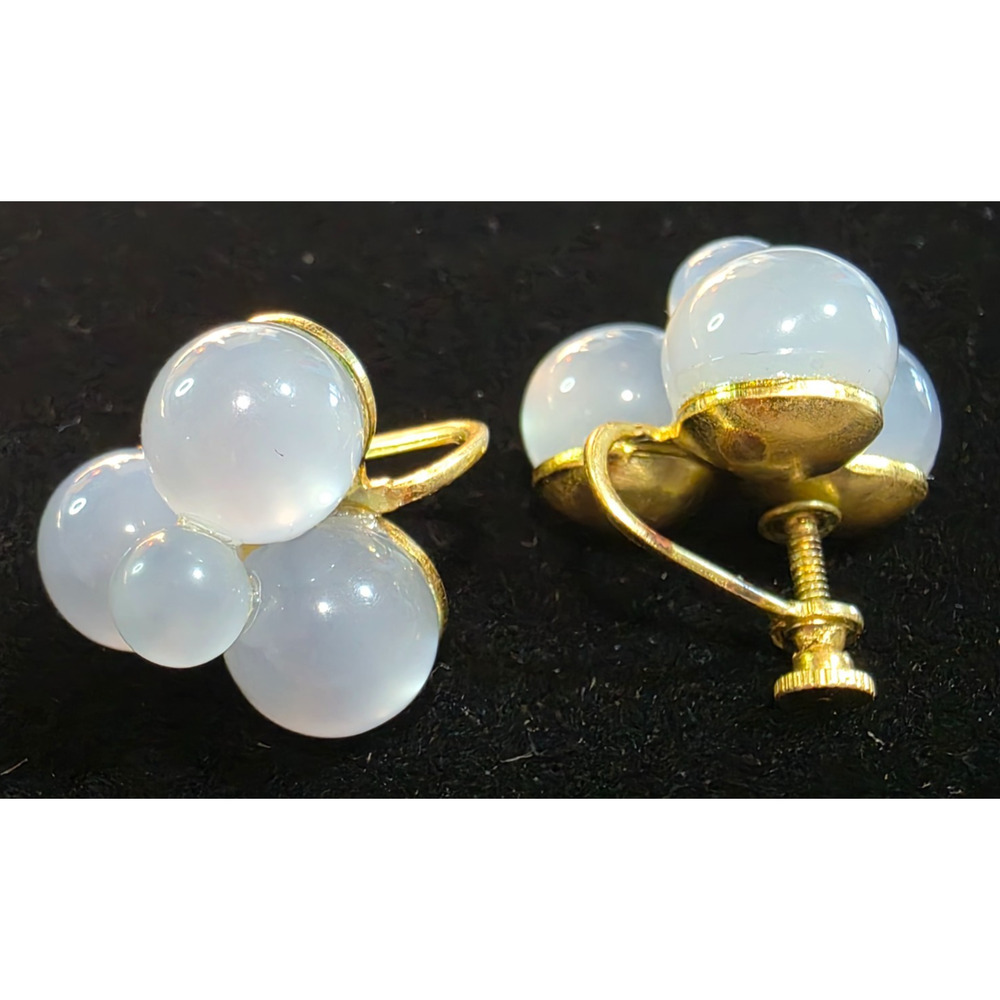 Moonglow Bead Earrings, Iridescent Blue w/Faux Gold Screw Back Design, Vintage